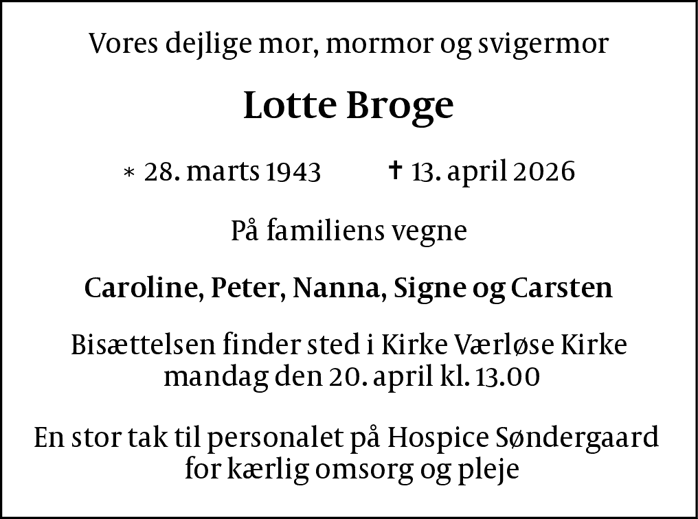 Dødsannonce for Liselotte Broge