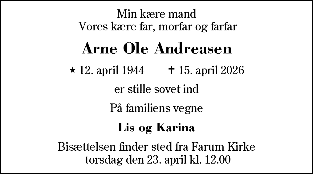 Dødsannonce for Arne Ole Andreasen