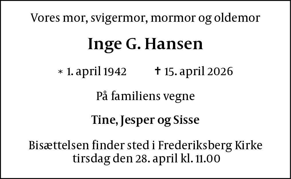 Dødsannonce for Inge Grethe Hansen
