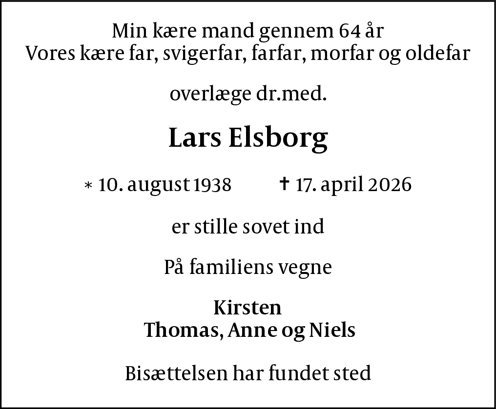 Dødsannonce for Lars Elsborg