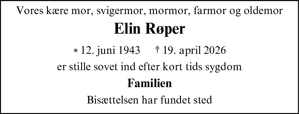 Dødsannonce for Elin Lis Sigrid Margrethe Røper
