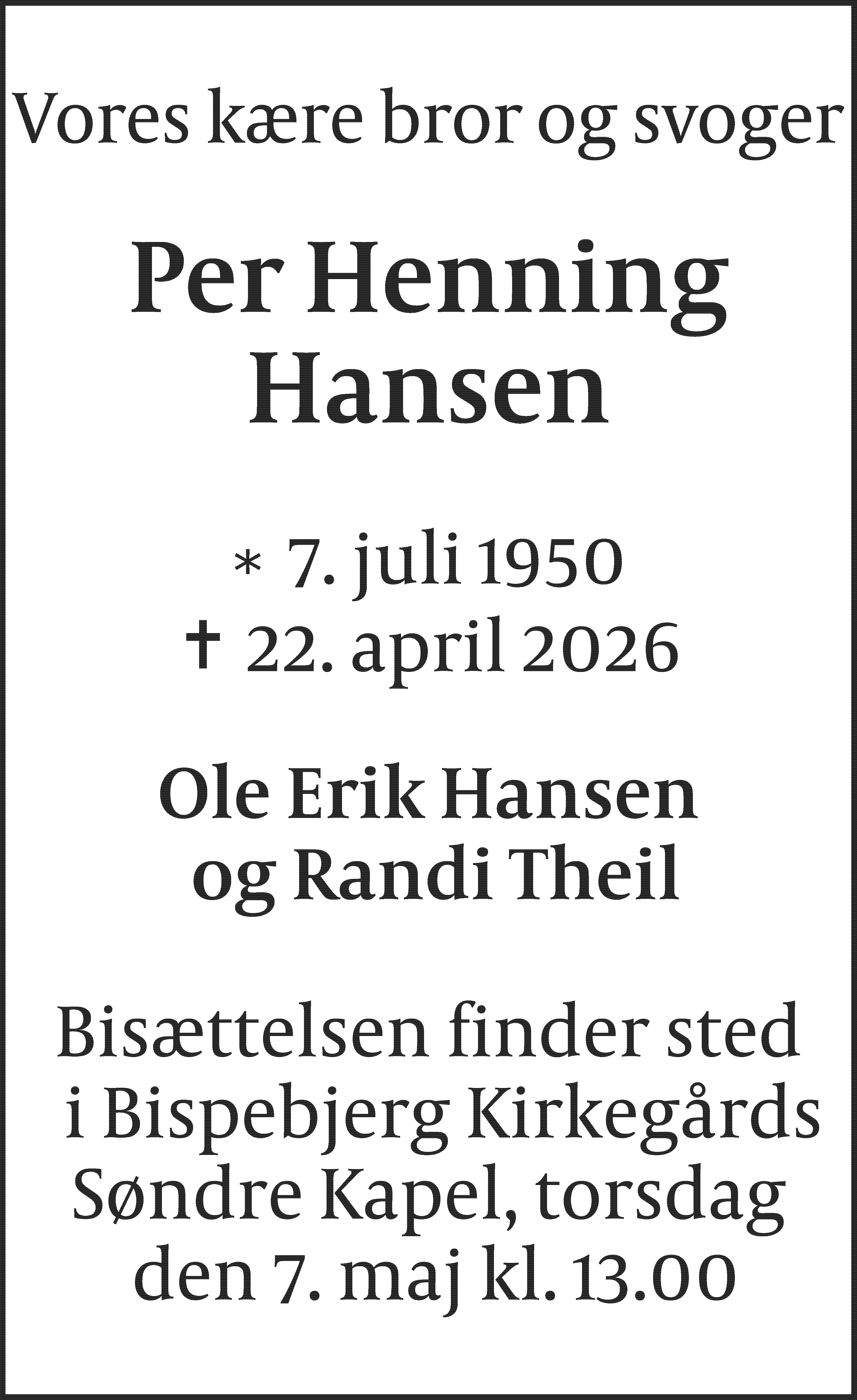 Dødsannonce for Per Henning Hansen