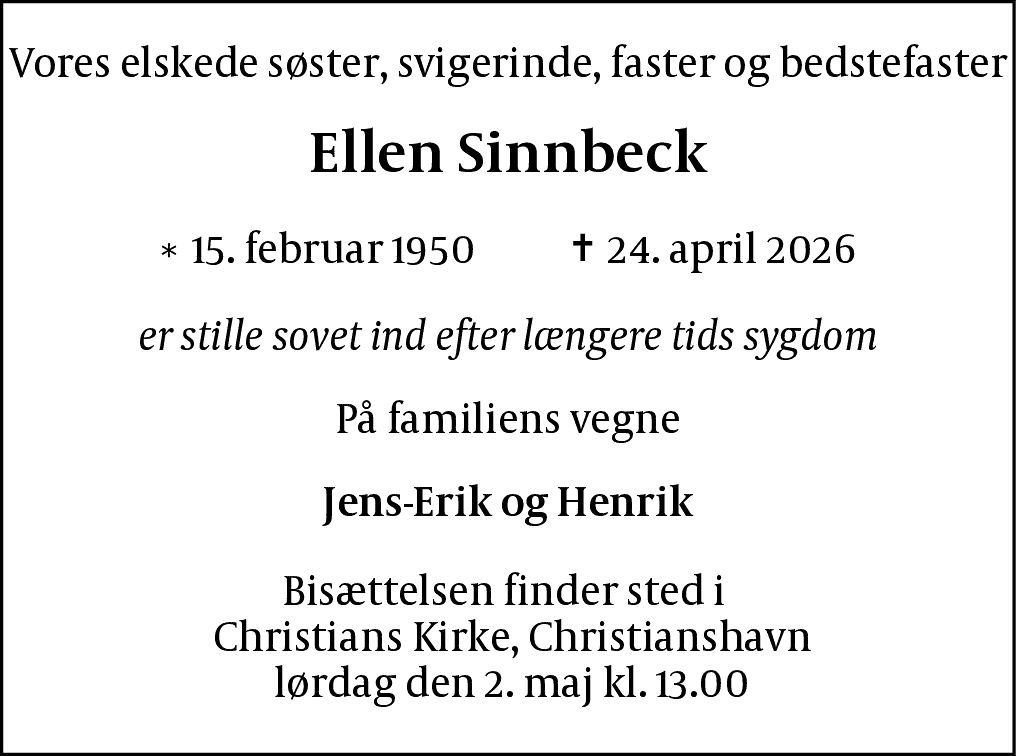 Dødsannonce for Ellen Sinnbeck