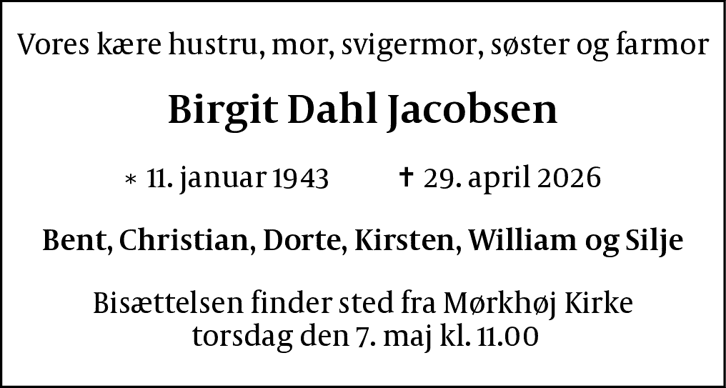 Dødsannonce for Birgit Dahl Jacobsen