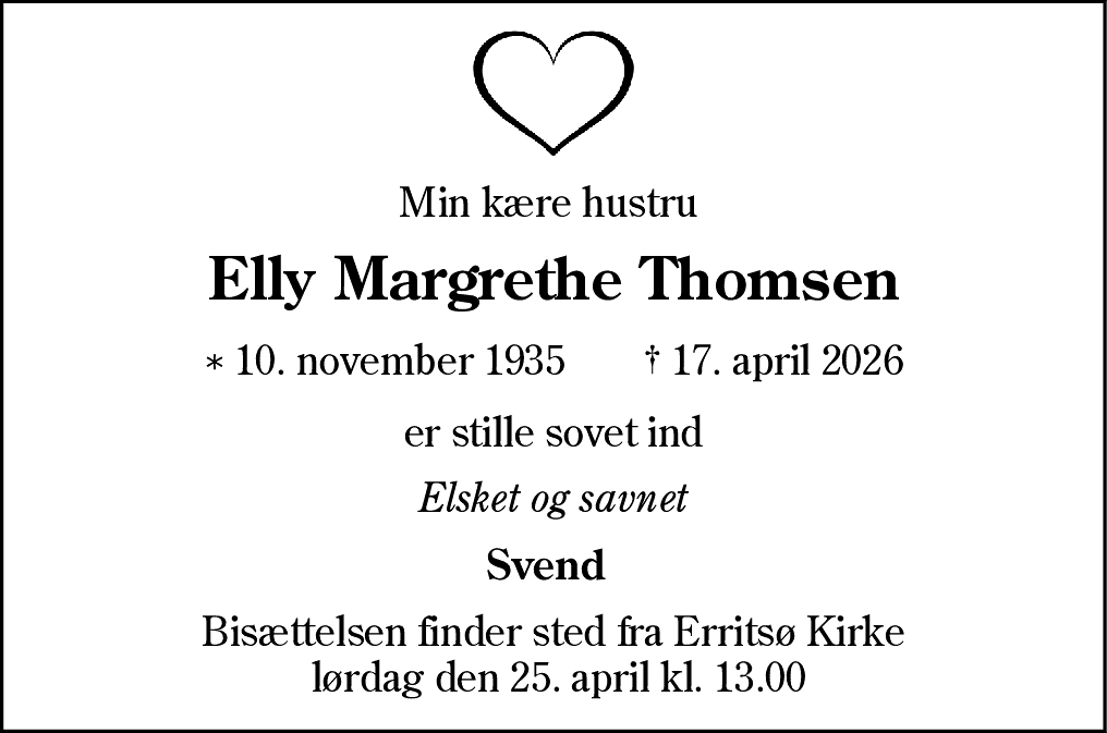 Dødsannonce for Elly Margrethe Thomsen