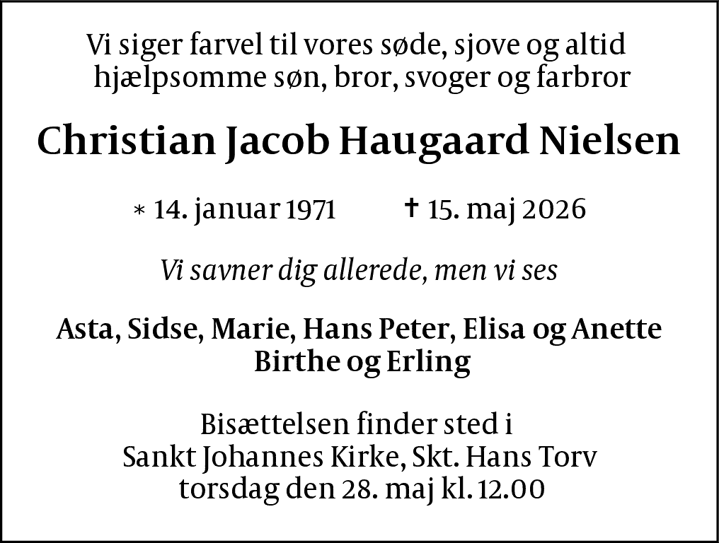 Dødsannonce for Christian Jacob Haugaard Nielsen