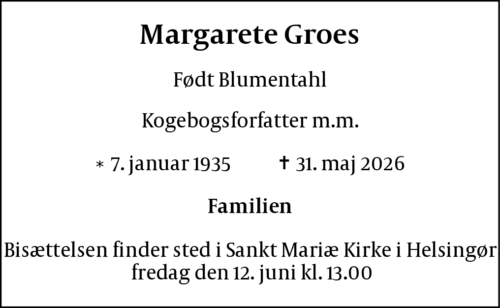 Dødsannonce for Ernestine Margarete Groes