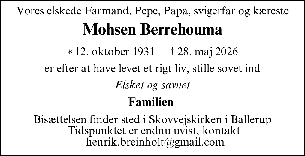 Dødsannonce for Mohsen Berrehouma