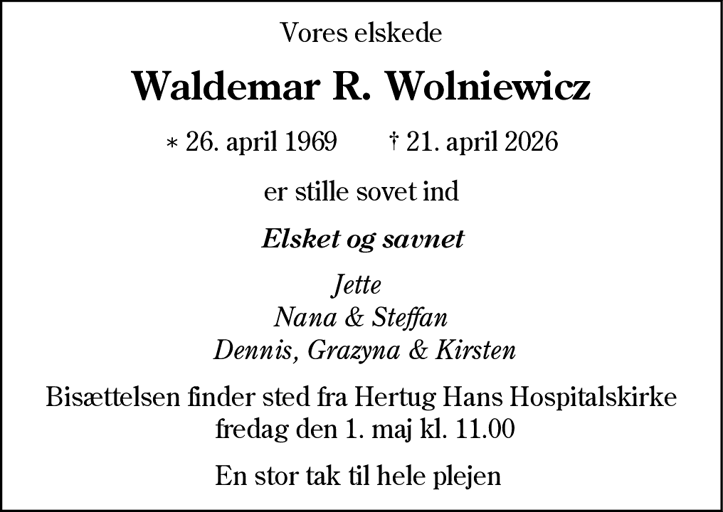 Dødsannonce for Waldemar Robert Wolniewicz