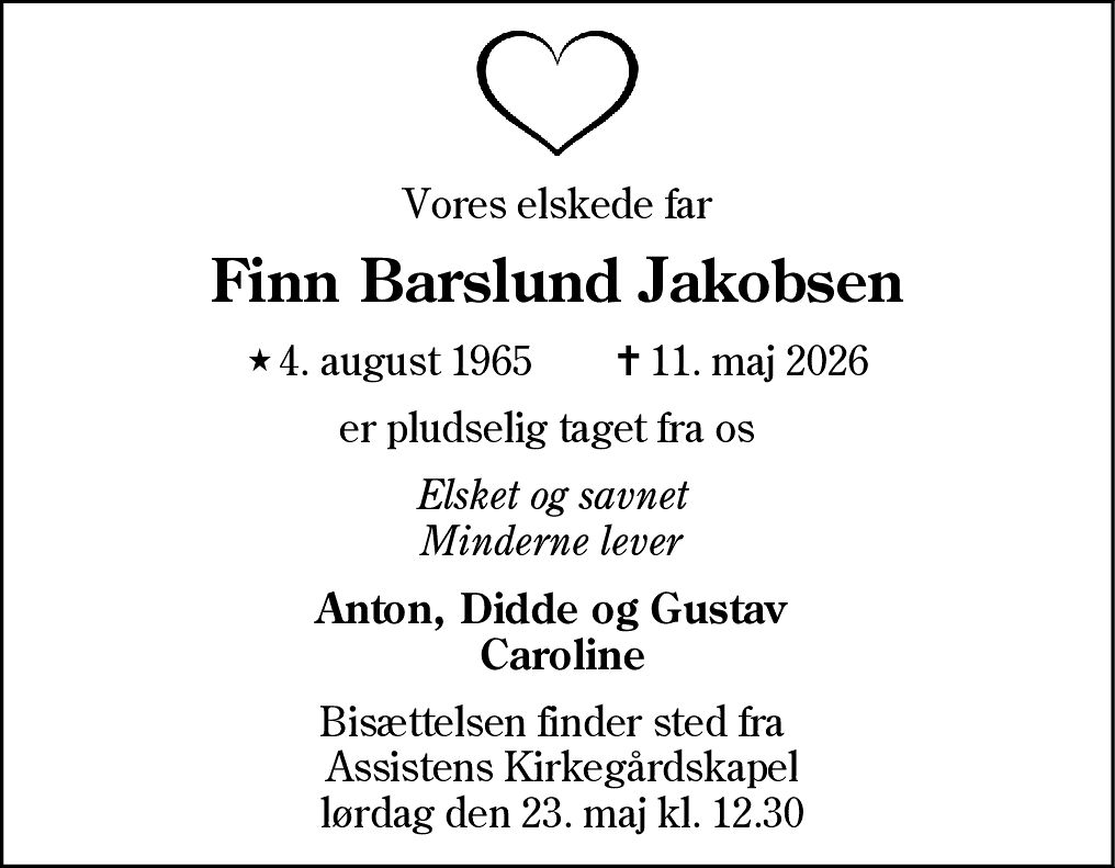 Dødsannonce for Finn Barslund Jakobsen