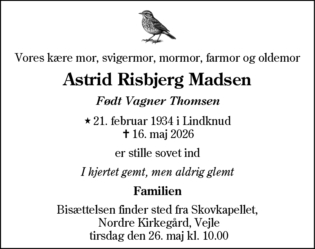 Dødsannonce for Astrid Vagner Madsen