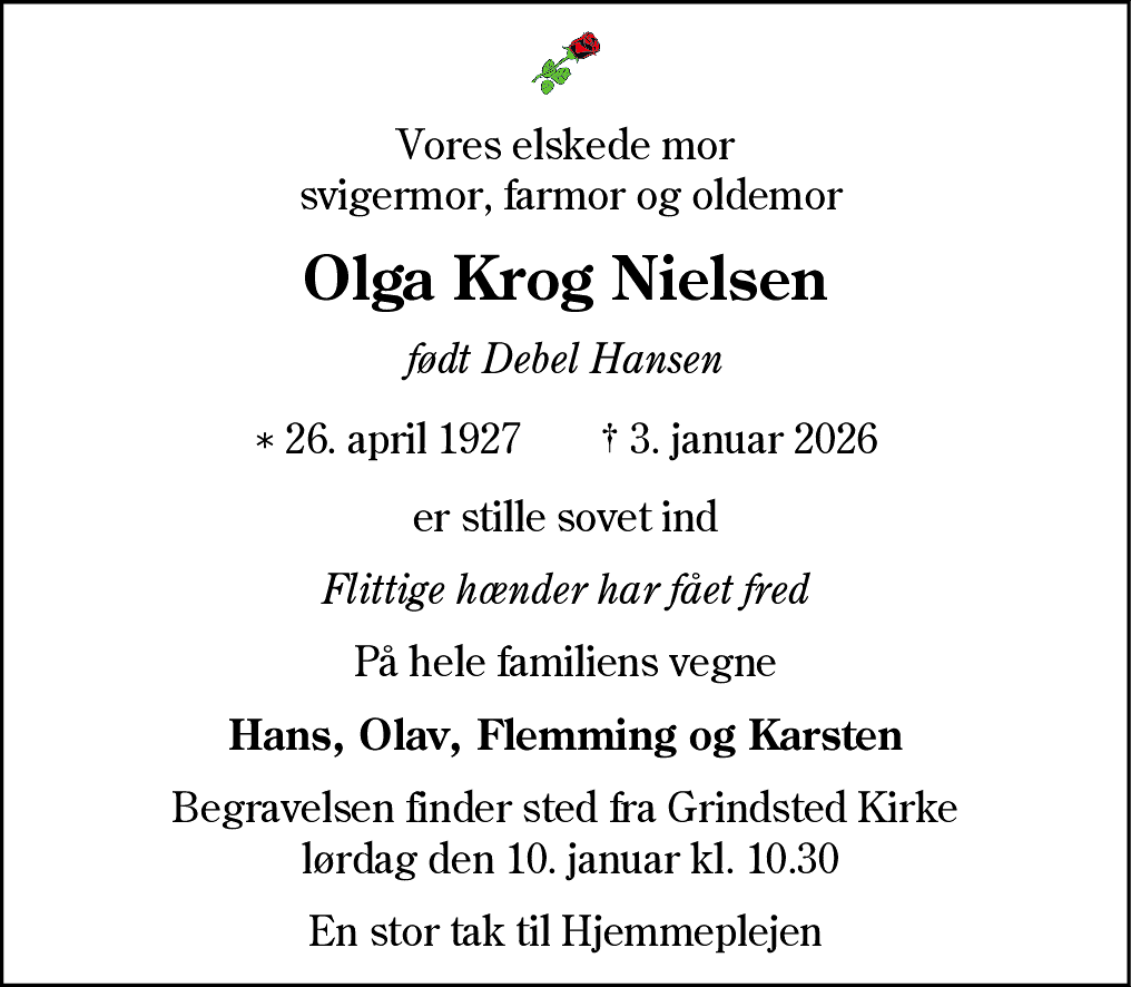 Dødsannonce for Olga Debel Nielsen