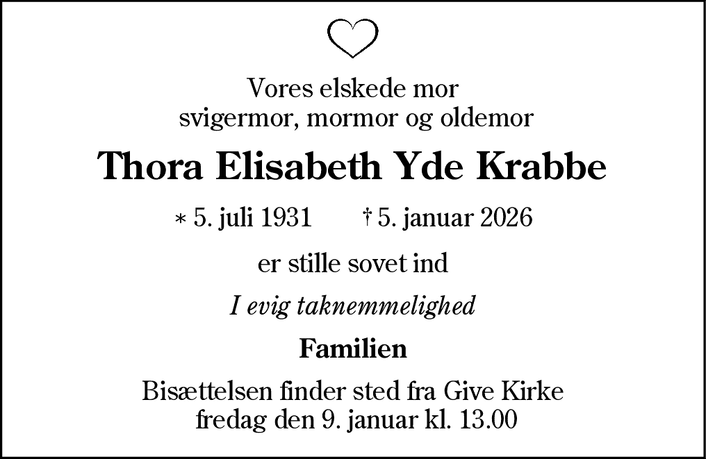 Dødsannonce for Thora Elisabeth Yde Krabbe