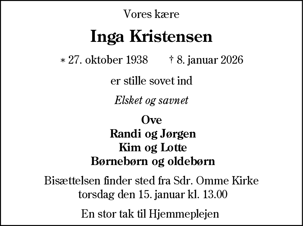 Dødsannonce for Inga Kristensen