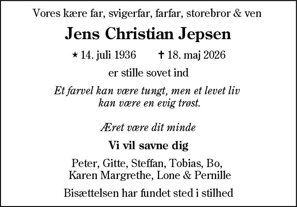 Dødsannonce for Jens Christian Jepsen