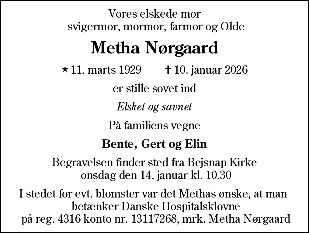 Dødsannonce for Asta Metha Nørgaard