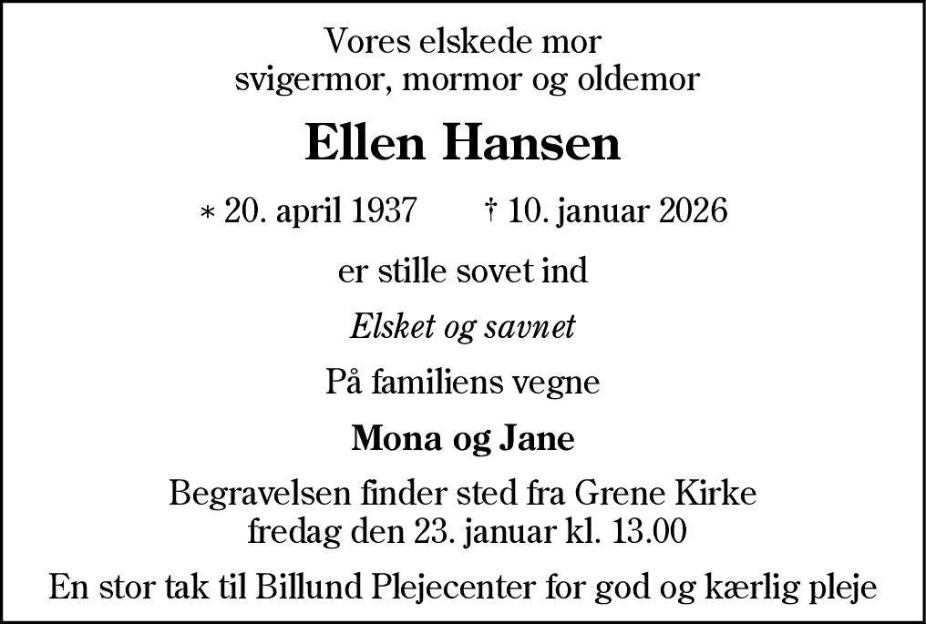 Dødsannonce for Ellen Hansen