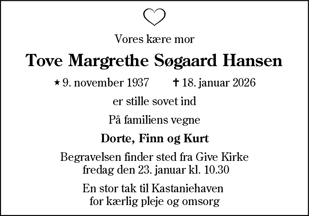 Dødsannonce for Tove Margrethe Søgaard Hansen
