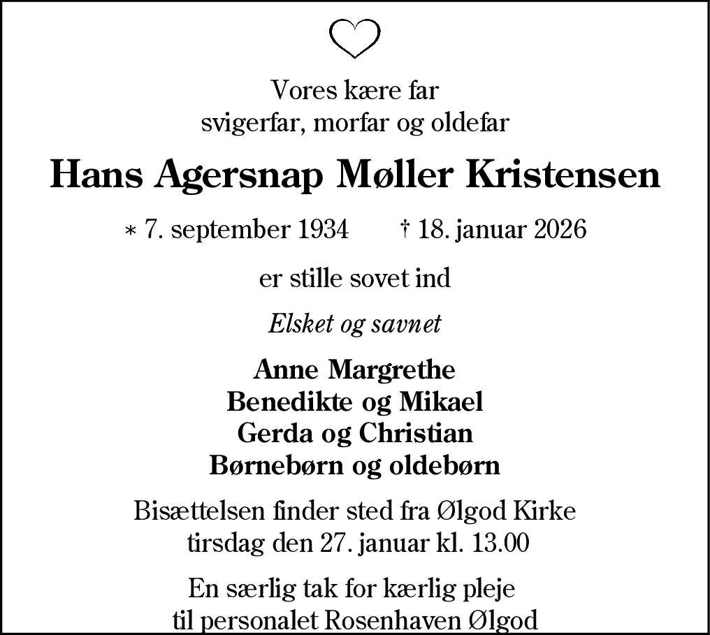 Dødsannonce for Hans Agersnap Møller Kristensen