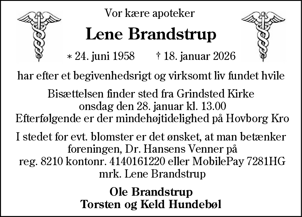 Dødsannonce for Lene Brandstrup