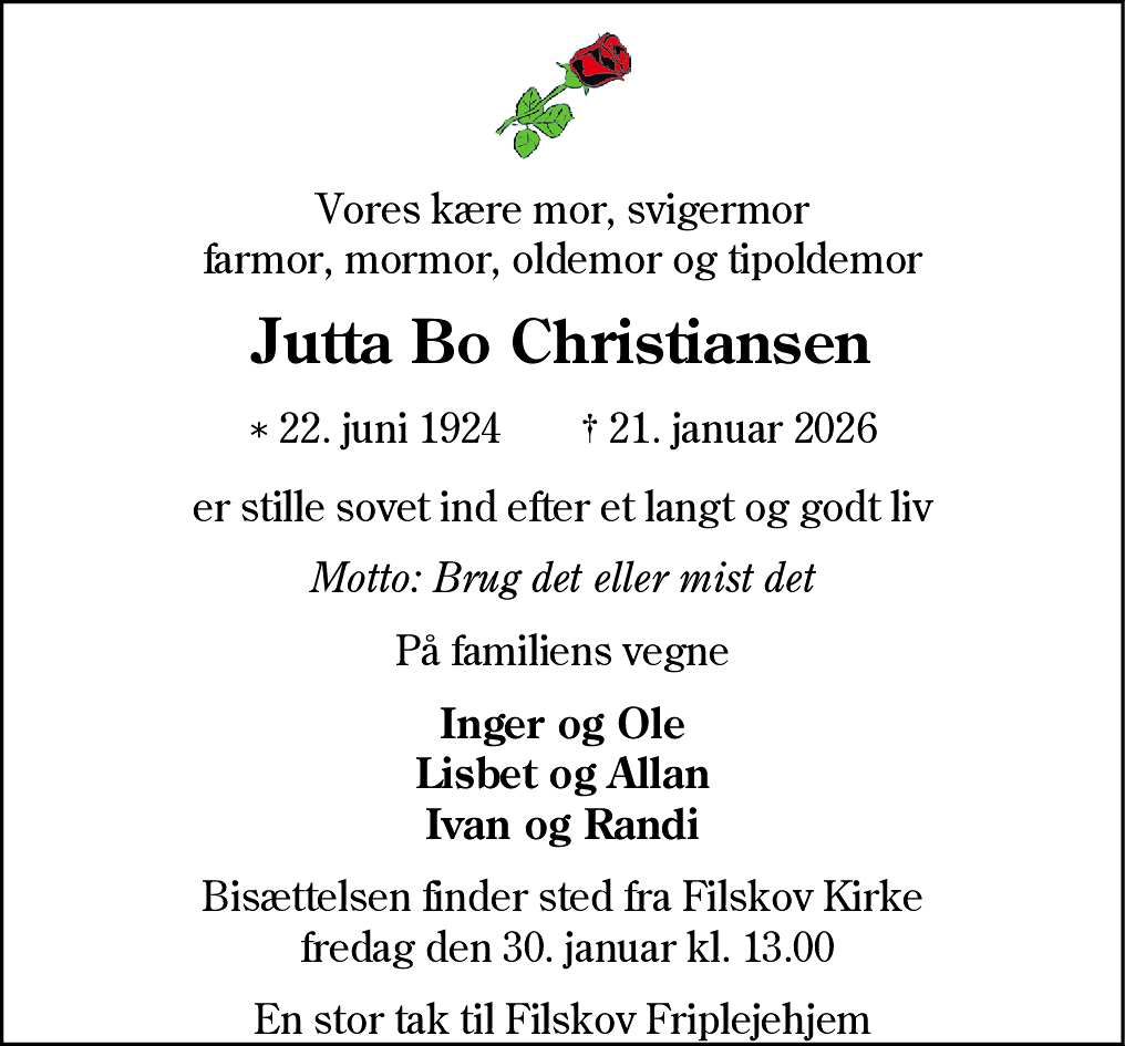 Dødsannonce for Jutta Bo Christiansen