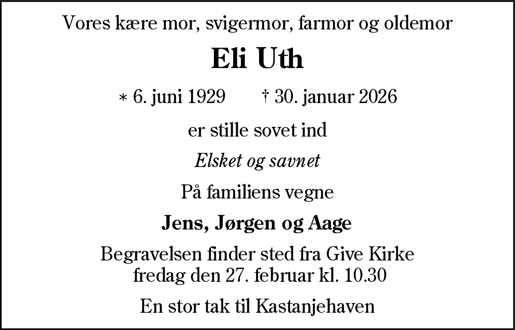 Dødsannonce for Eli Uth