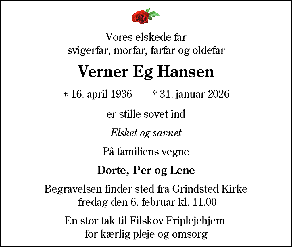 Dødsannonce for Verner Eg Hansen
