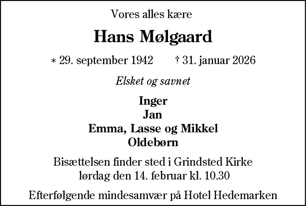 Dødsannonce for Hans Peder Mølgaard