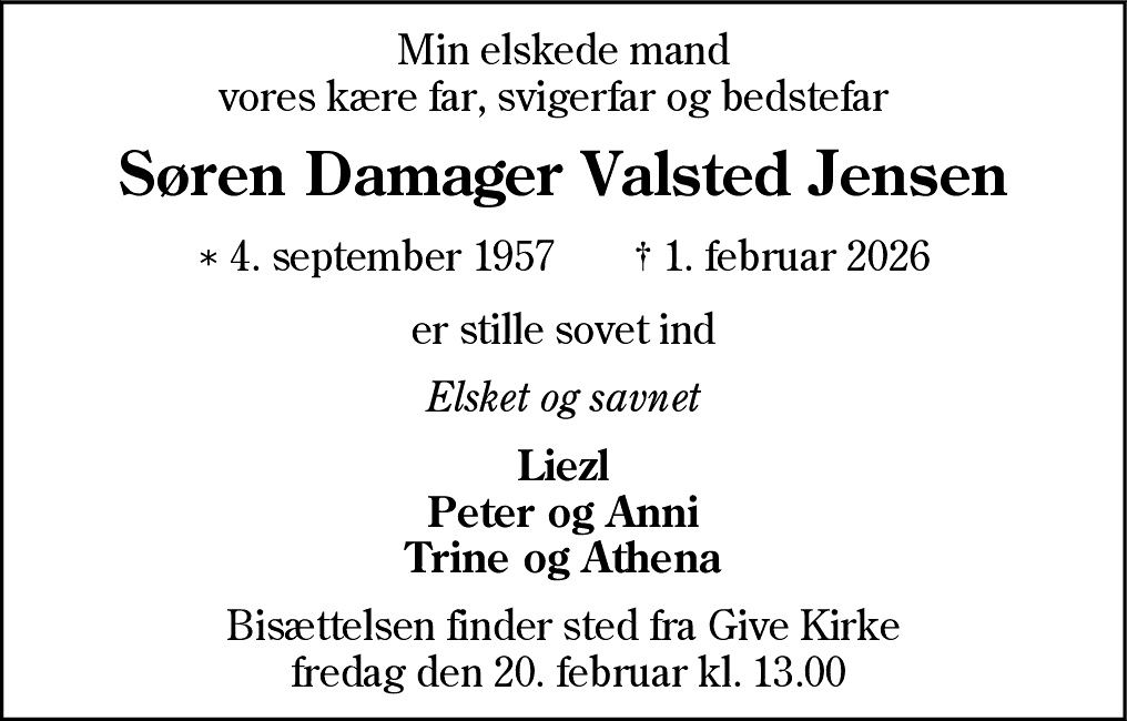 Dødsannonce for Søren Damager Valsted Jensen