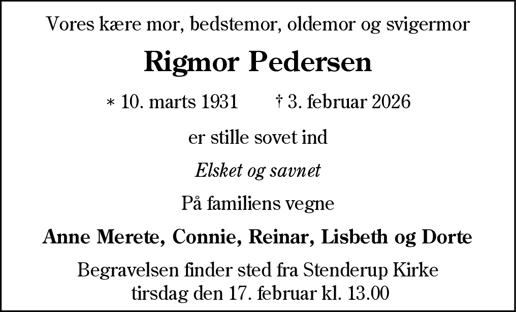 Dødsannonce for Karen Rigmor Pedersen