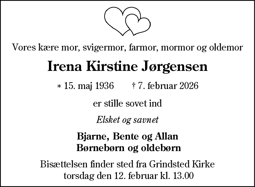 Dødsannonce for Irena Kirstine Jørgensen