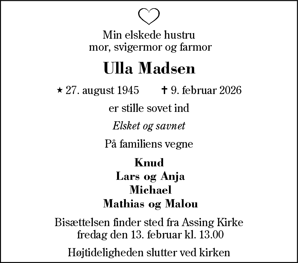 Dødsannonce for Ulla Madsen