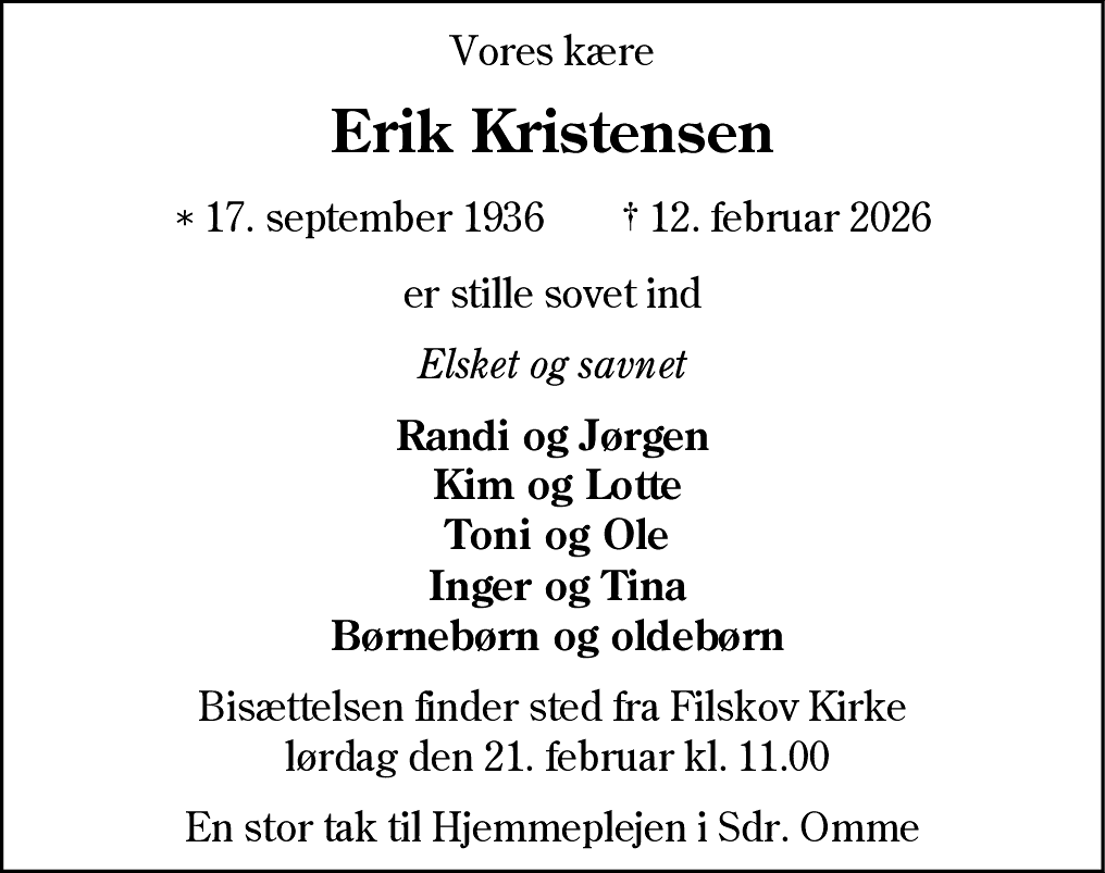 Dødsannonce for Erik Kristensen