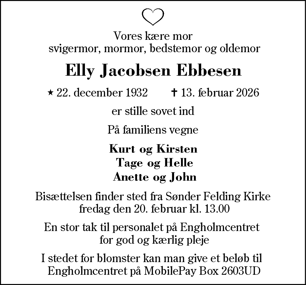 Dødsannonce for Elly Jacobsen Ebbesen