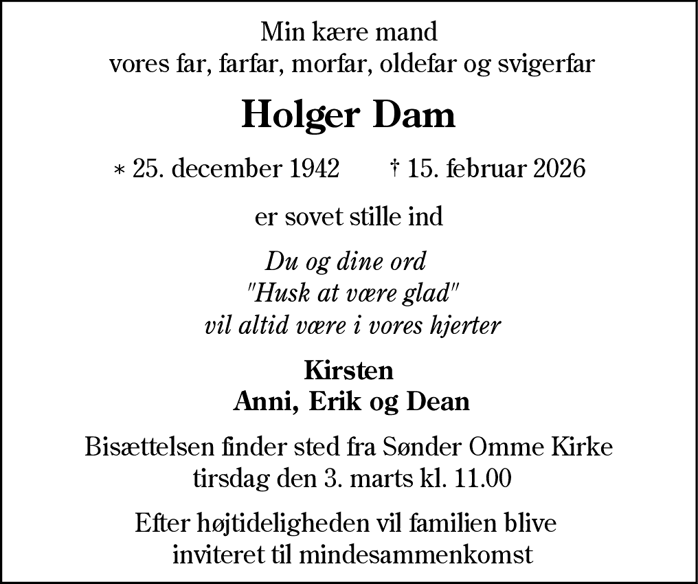 Dødsannonce for Holger Dam