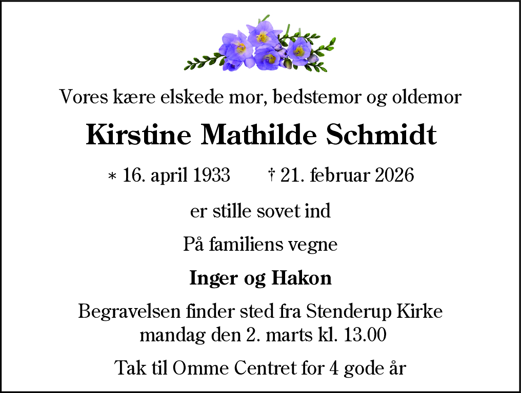 Dødsannonce for Kirstine Mathilde Schmidt