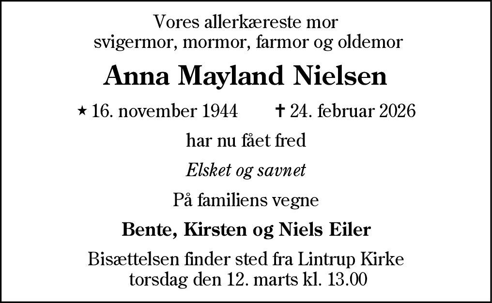 Dødsannonce for Anna Mayland Nielsen