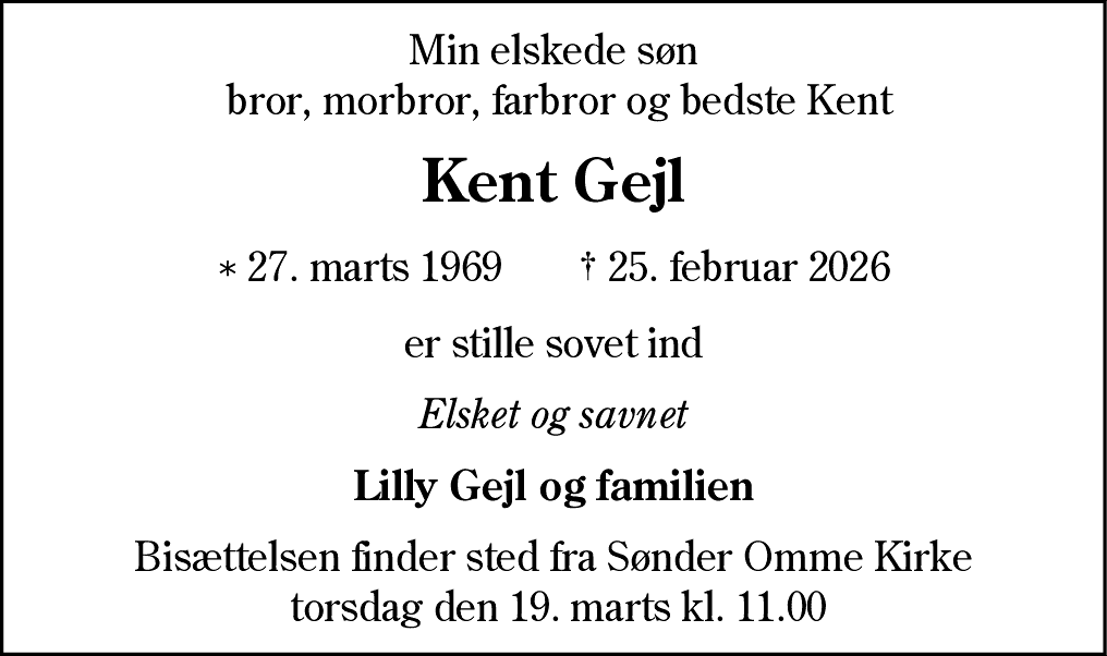 Dødsannonce for Kent Gejl