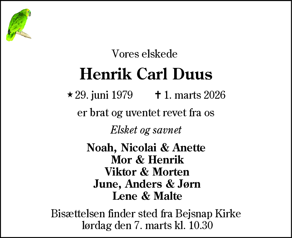 Dødsannonce for Henrik Carl Duus