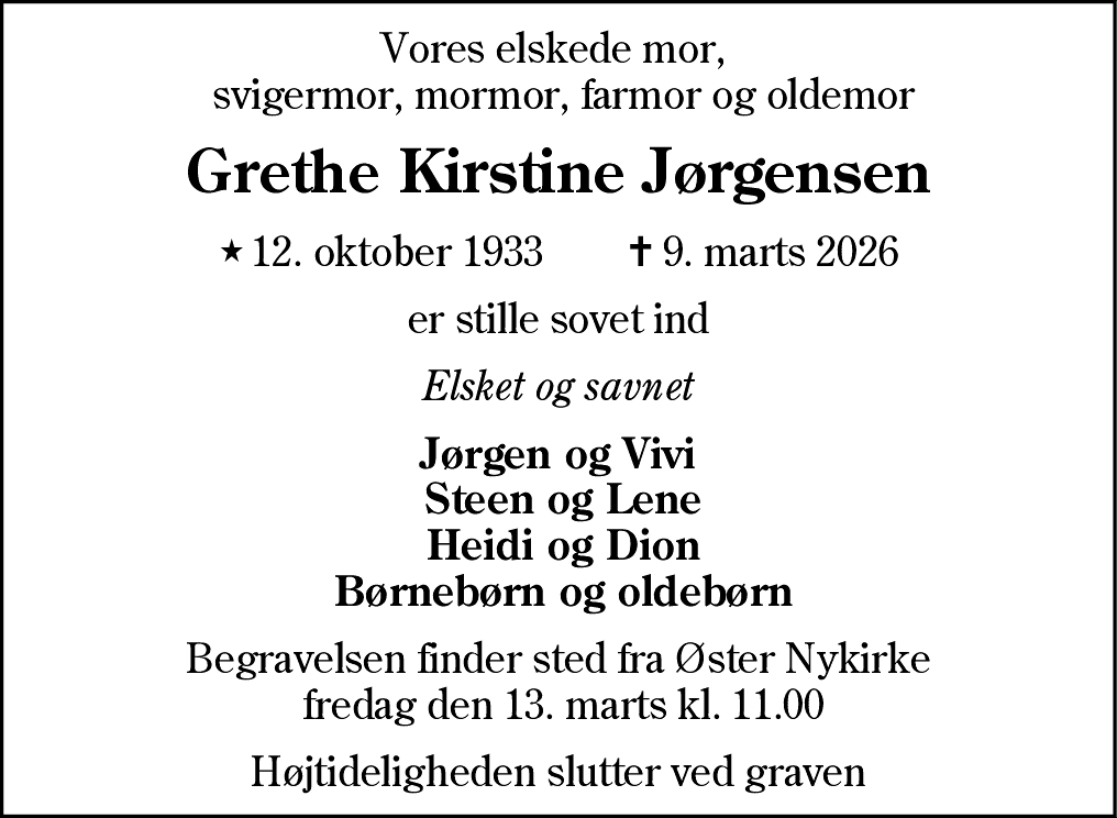 Dødsannonce for Grethe Kirstine Jørgensen