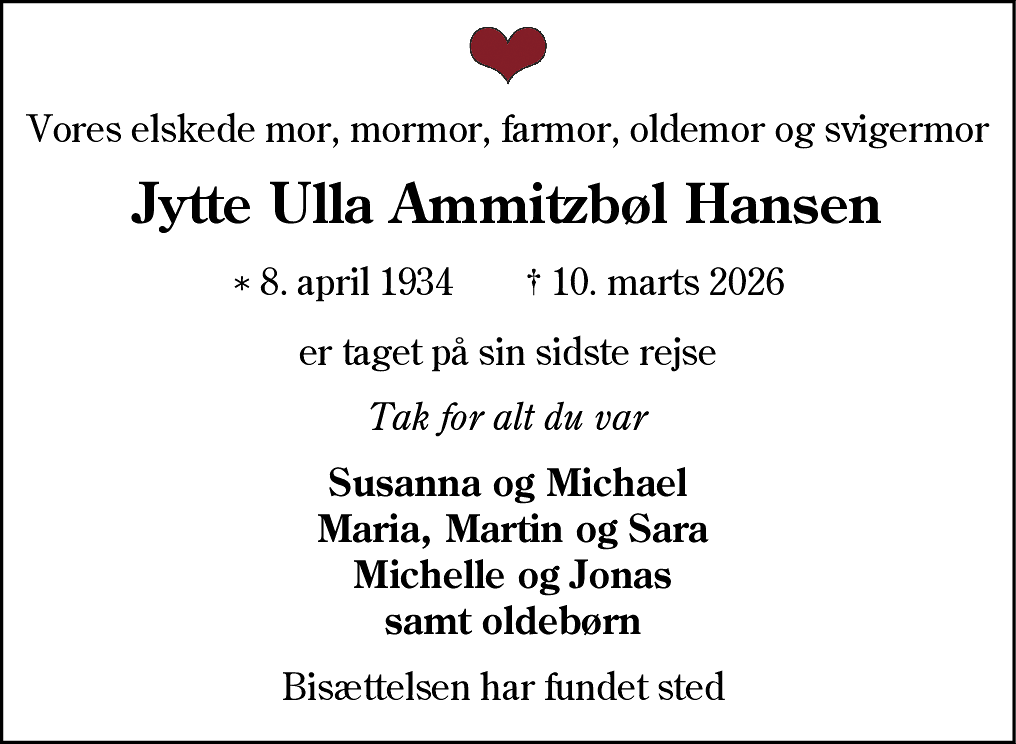Dødsannonce for Jytte Ulla Ammitzbøl Hansen