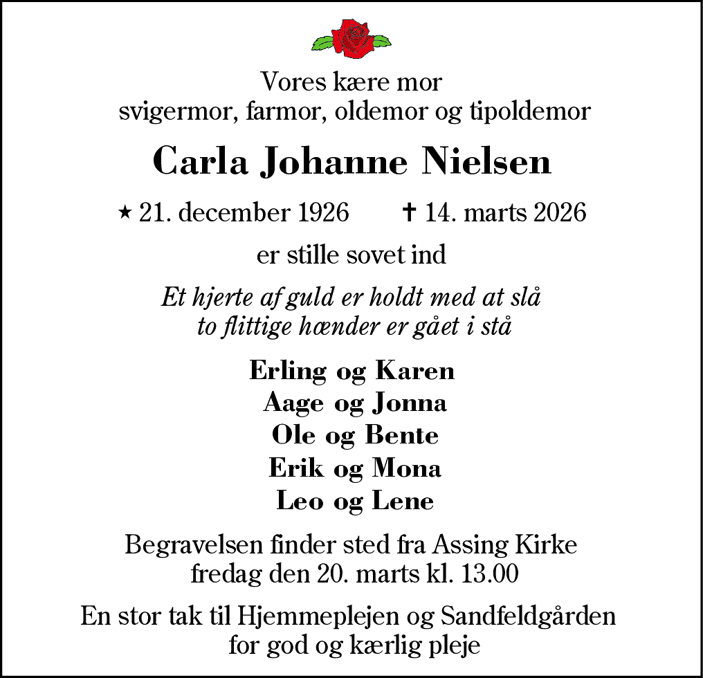 Dødsannonce for Carla Johanne Nielsen
