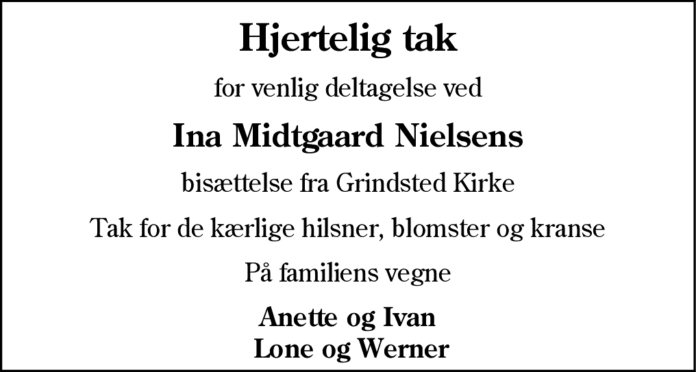 Dødsannonce for Ina Midtgaard Nielsen
