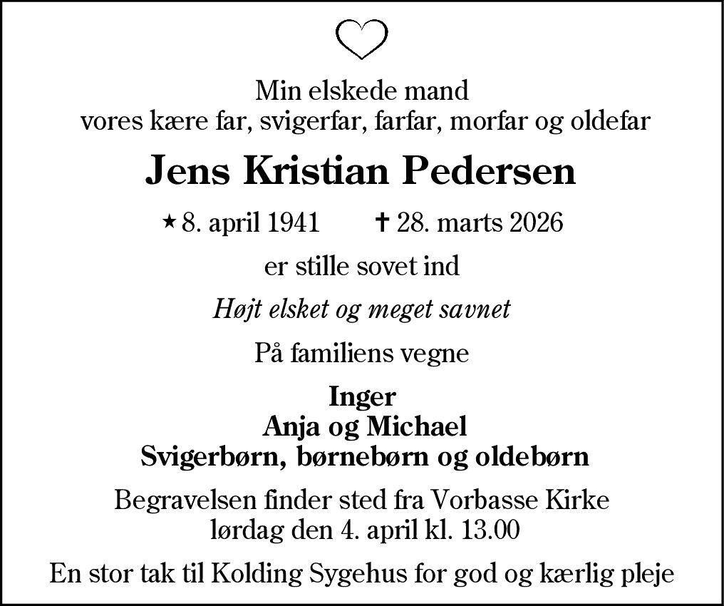 Dødsannonce for Jens Kristian Pedersen