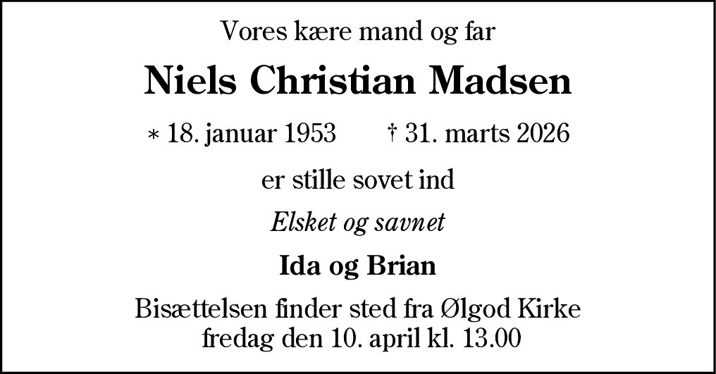 Dødsannonce for Niels Christian Madsen