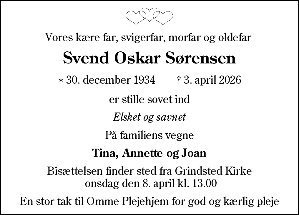 Dødsannonce for Svend Oskar Sørensen