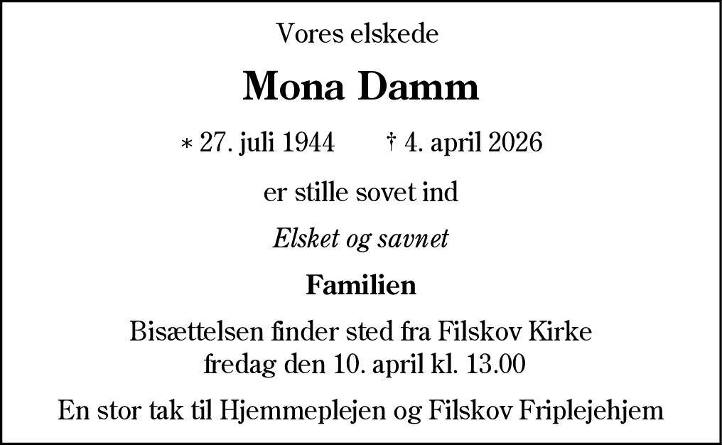 Dødsannonce for Mona Damm