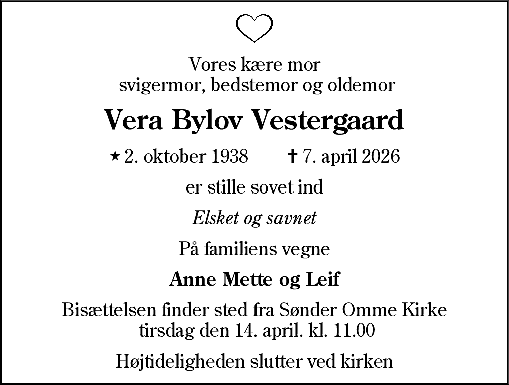 Dødsannonce for Vera Bylov Vestergaard