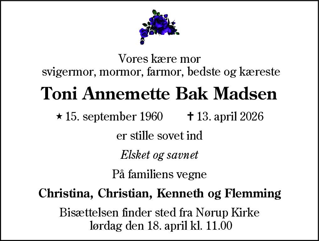 Dødsannonce for Toni Annemette Madsen