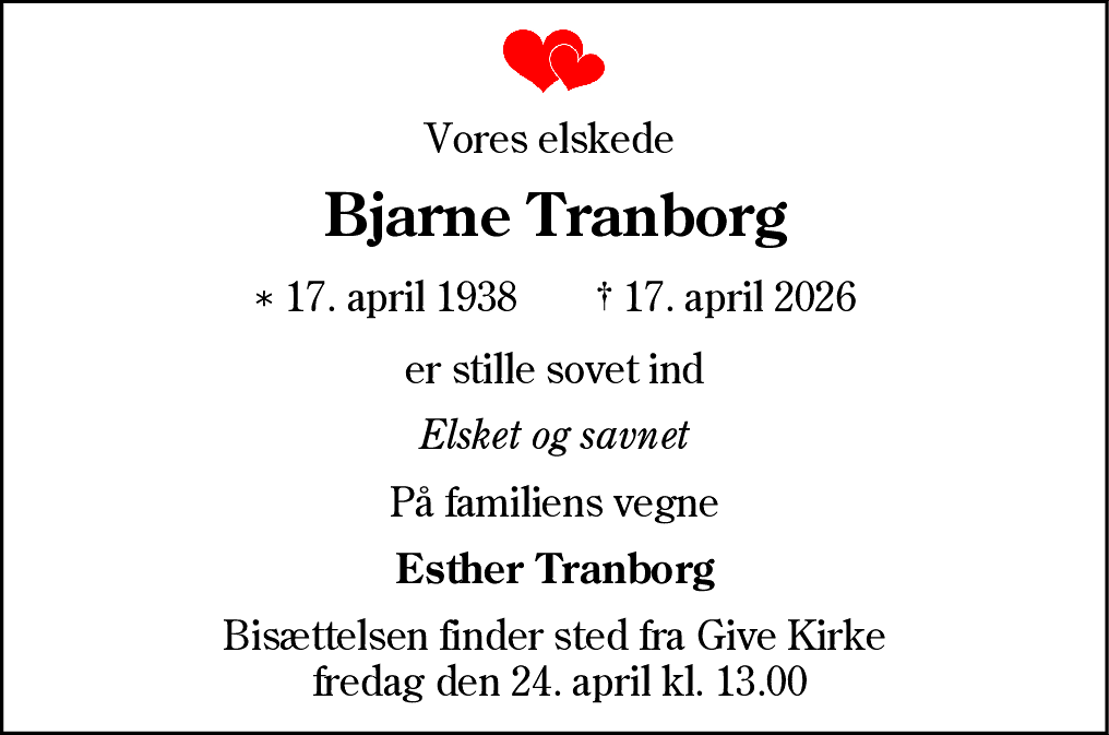 Dødsannonce for Bjarne Tranborg
